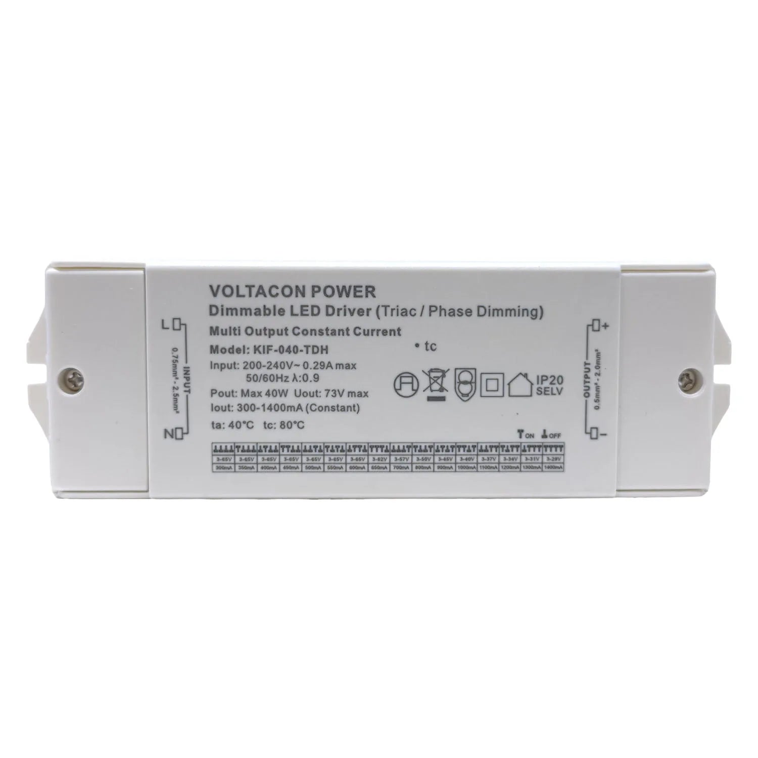 Voltacon Power dimmable LED driver unit showing specifications, input/output terminals, and voltage settings chart on white b