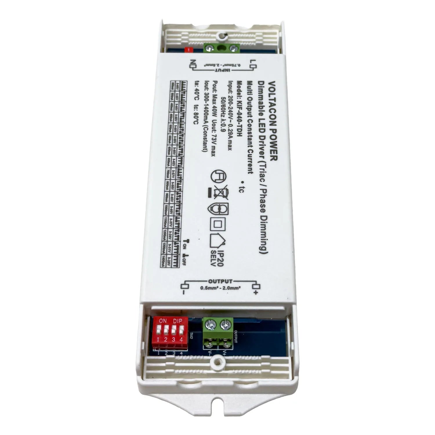 Voltacon power supply unit showing white casing with technical specifications, DIP switches, and green terminal connectors fo