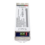 White rectangular LED driver with terminal blocks, specifications label, and ON/OFF switch, shown from above against white ba