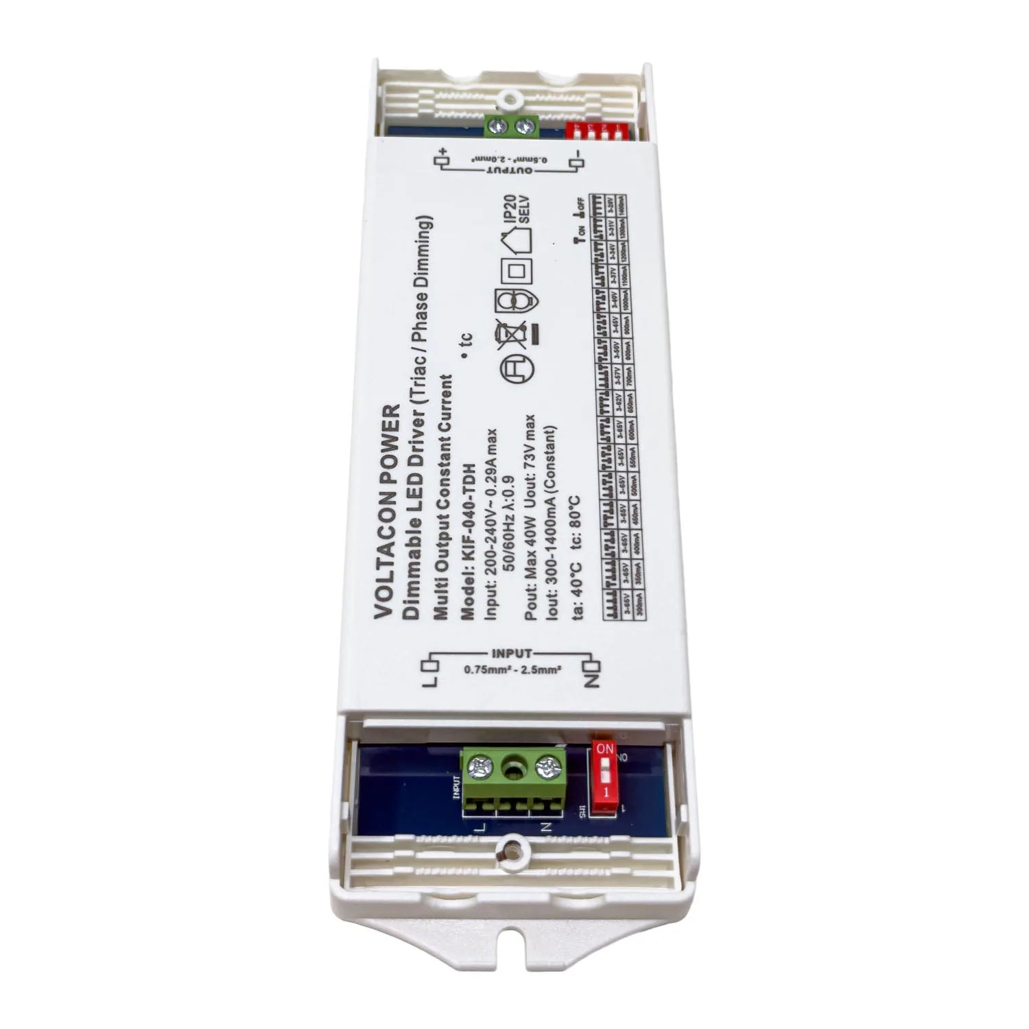 White rectangular LED driver with terminal blocks, specifications label, and ON/OFF switch, shown from above against white ba