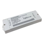 White rectangular LED driver unit with technical specifications and wiring diagram printed on top surface, shown at an angle 