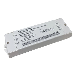 White rectangular LED driver unit with technical specifications and wiring diagram printed on top surface, shown at an angle 