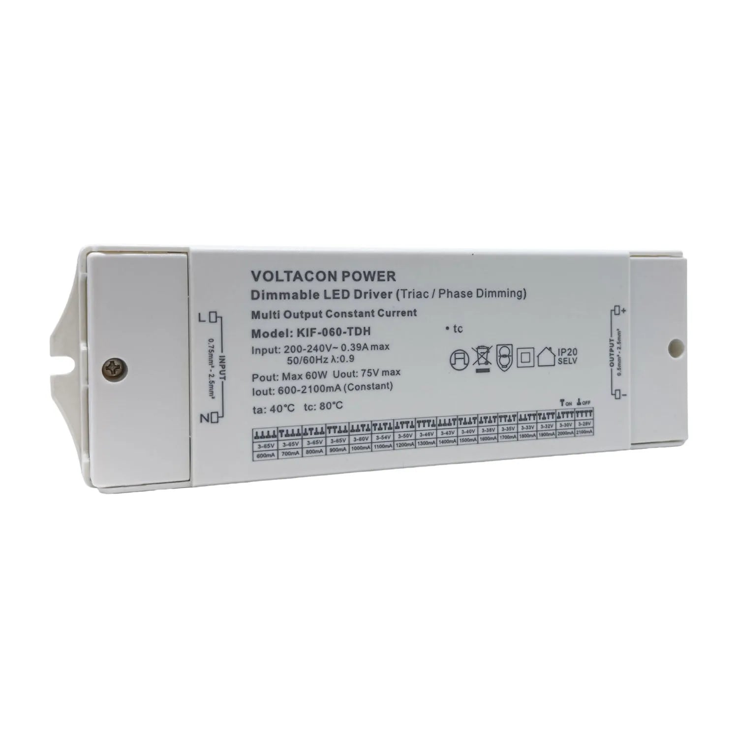 Voltacon Power KIF-060-TDH dimmable LED driver with white plastic housing, showing specifications and multi-output constant c