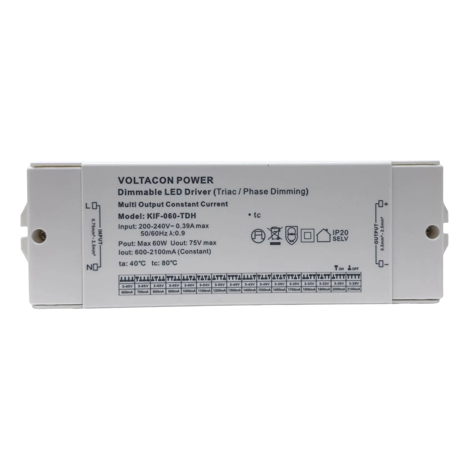 Voltacon Power KIF-060-TDH dimmable LED driver, a compact gray rectangular control module with input/output terminals and out