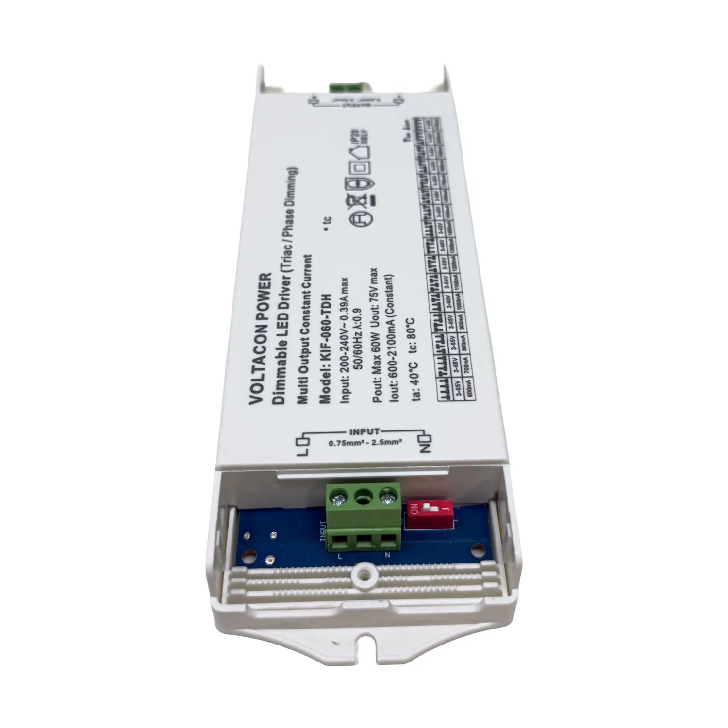 Constant current LED driver with white plastic housing, blue circuit board, green terminal block, and red switch, shown with 