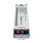 60W LED dimmable driver showing internal circuit board with red DIP switches, green terminal connectors, and technical specif