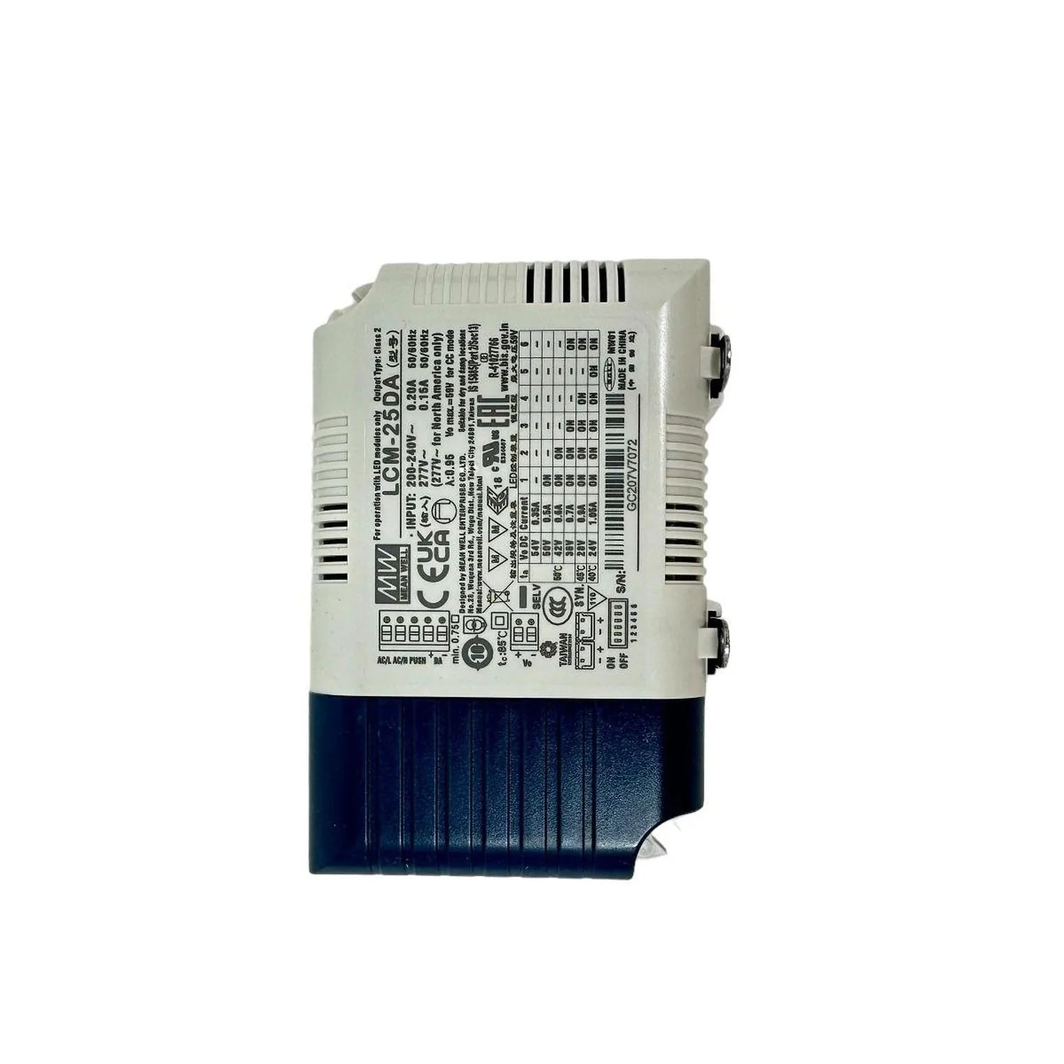 Meanwell LCM-25DA LED driver with beige casing and dark blue heatsink fins, showing technical specifications and regulatory m