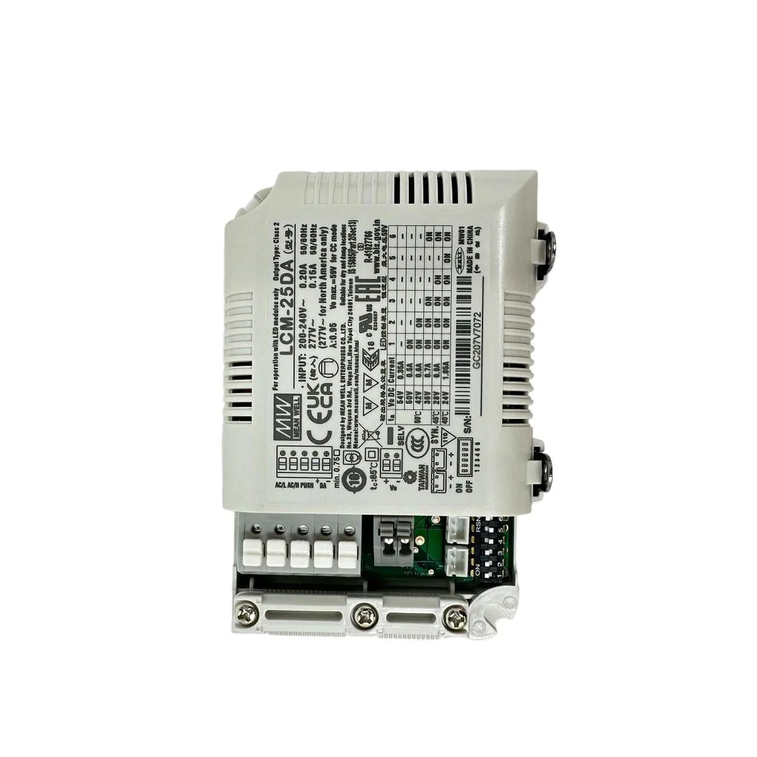 Meanwell LCM-25DA LED driver unit showing front label with specifications, terminal connections, and internal circuitry visib