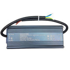 Voltacon Power LED driver with ribbed aluminum housing, input and output terminals, and black cable with exposed blue and yel