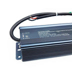 Voltabox LED driver power supply unit with black rubber cable entry and mounting bracket, angled view.