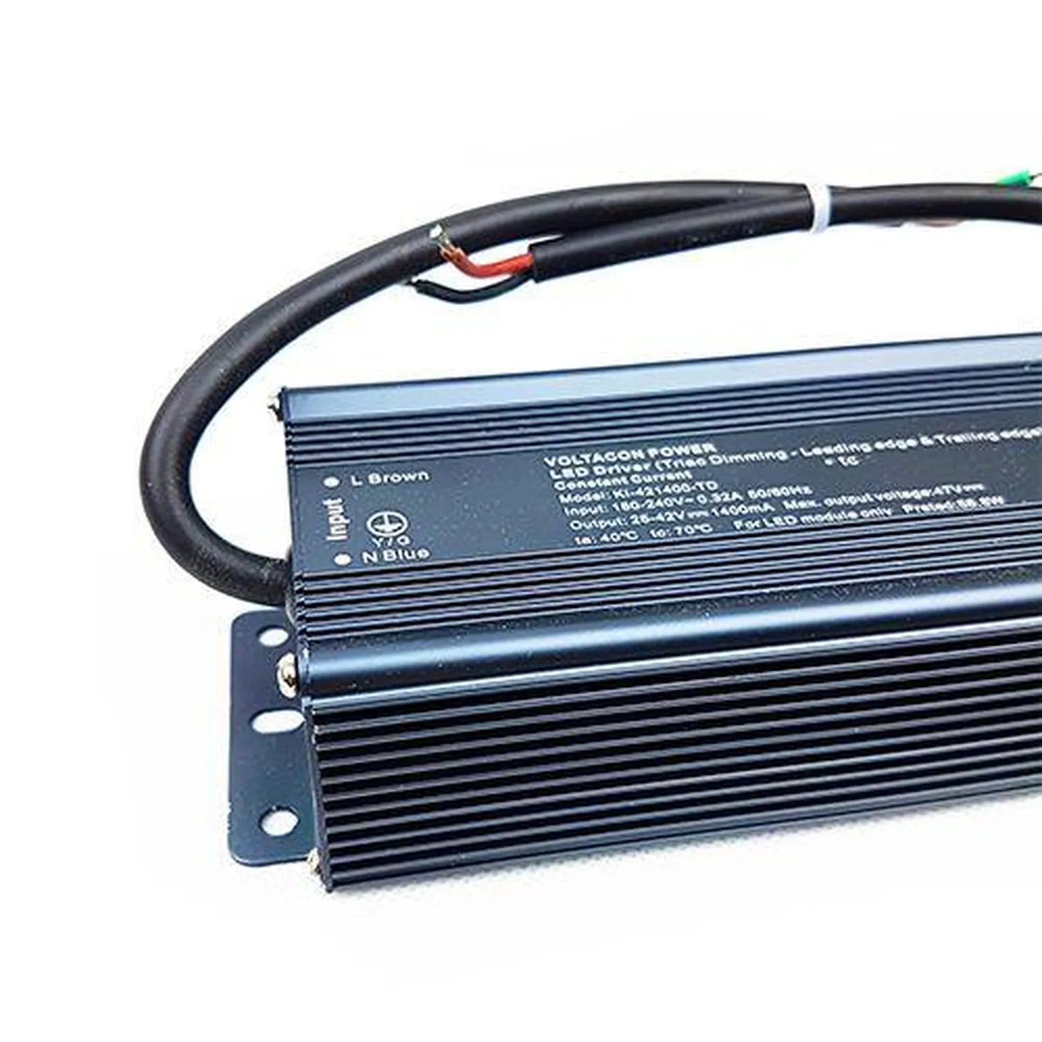 Voltabox LED driver power supply unit with black rubber cable entry and mounting bracket, angled view.