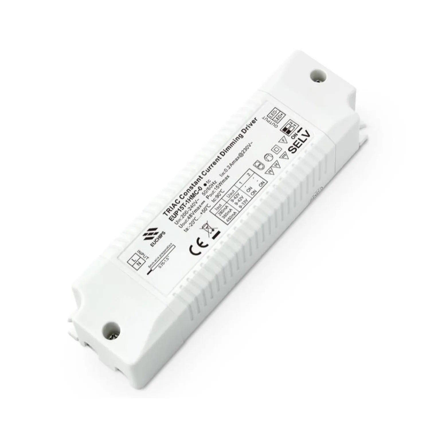 White rectangular LED driver with technical specifications and CE marking visible on label, mounting holes at each end.