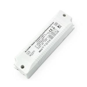 White rectangular LED driver with mounting holes, technical specifications and CE marking visible on label.