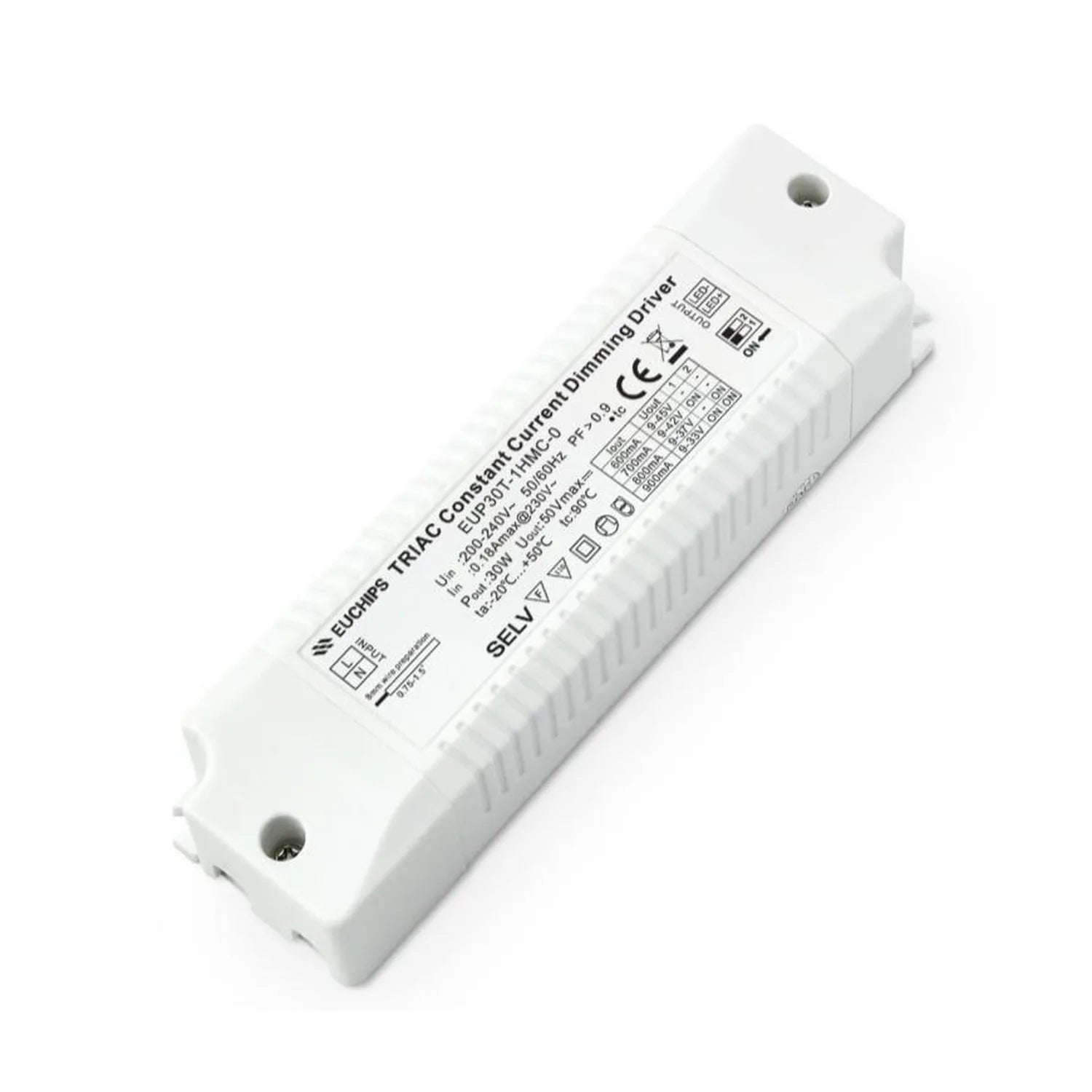 White rectangular LED driver with mounting holes, technical specifications and CE marking visible on label.