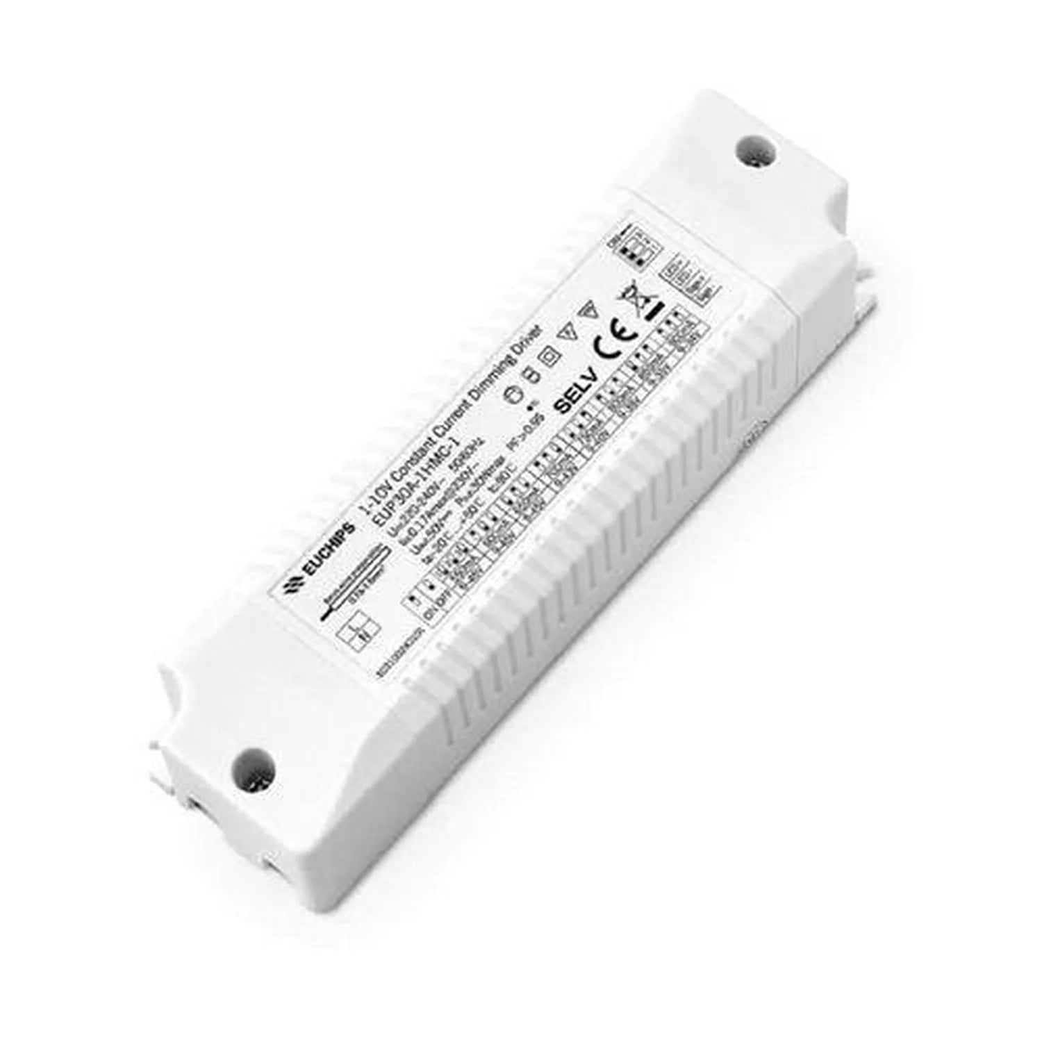 White LED driver unit with mounting holes and technical specifications label on front face, shown at angle.