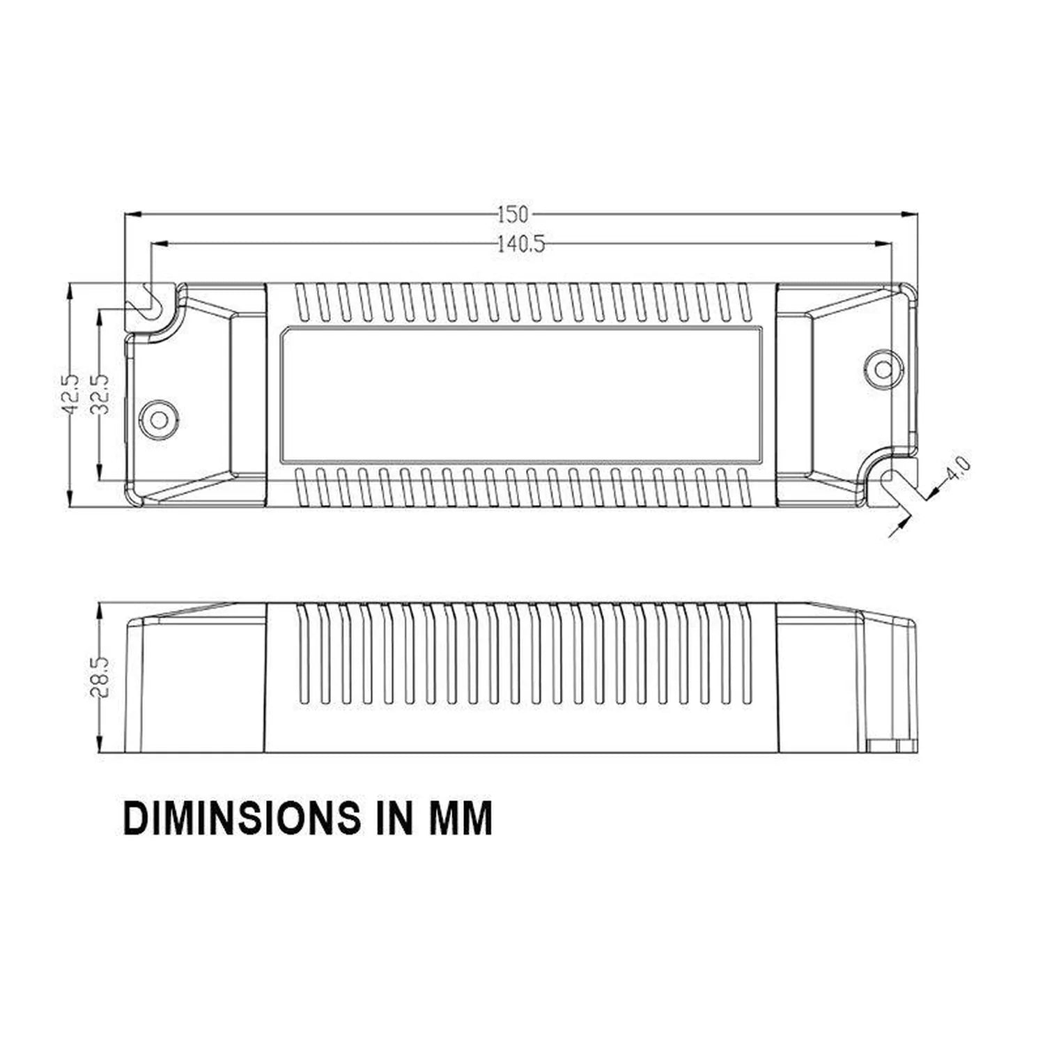 Technical dimension diagram of 20W LED driver showing top and side views with measurements in millimeters, total length 150mm