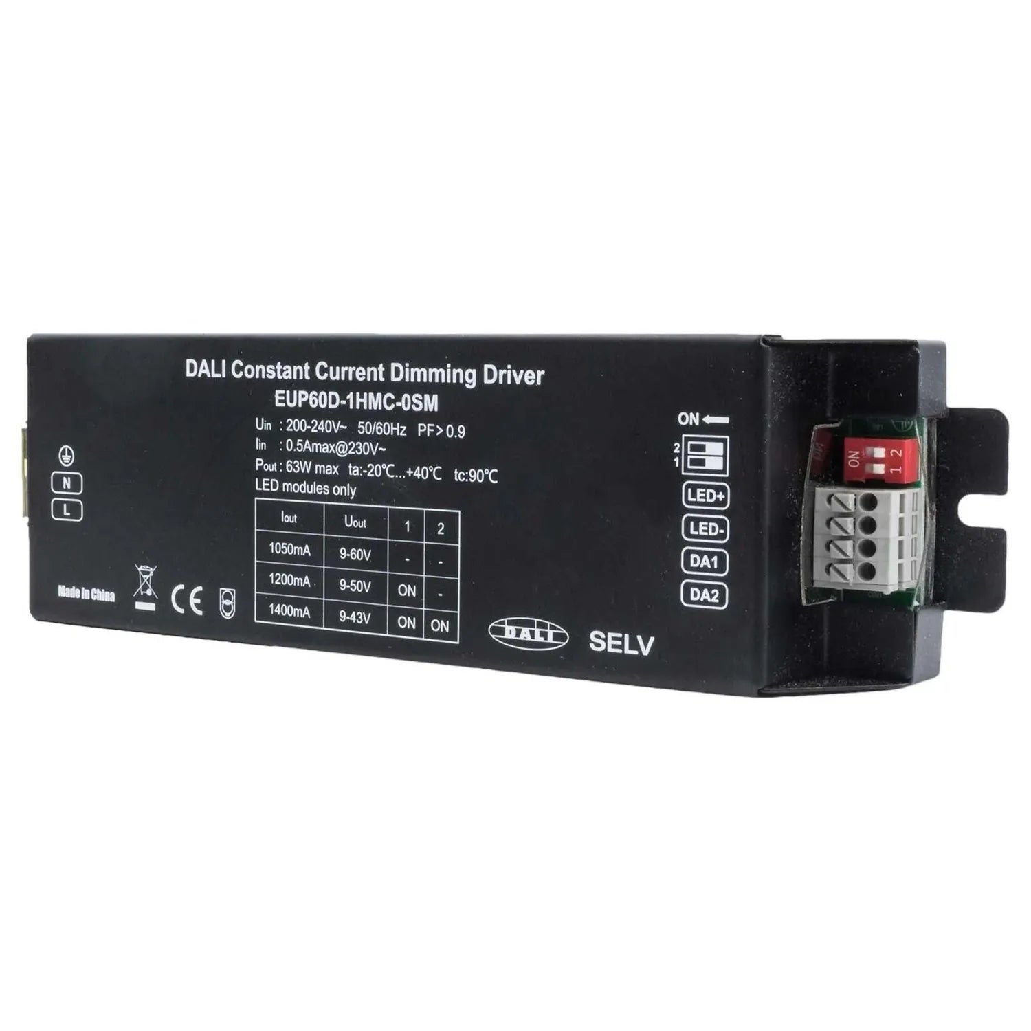 DALI Constant Current Dimming Driver EUP60D-1HMC-0SM, black rectangular electronic component with red switch and terminal con