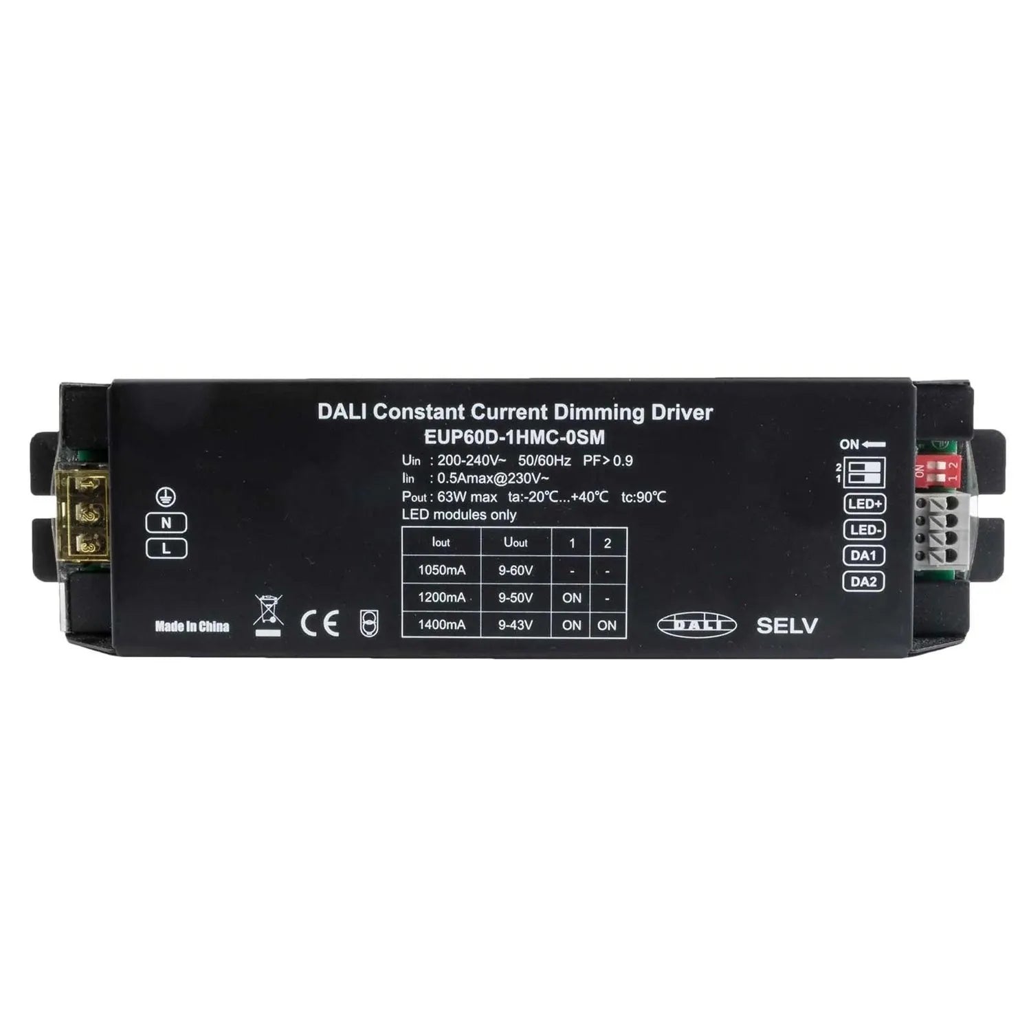 DALI constant current dimming driver, model EUP60D-1HMC-0SM, showing specifications label and terminal connections on black r