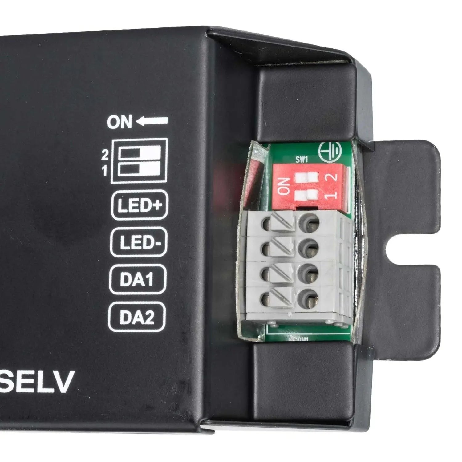 Interior view of DALI LED driver showing control panel with ON switch, LED+/LED- buttons, DA1/DA2 inputs, and red DIP switch 