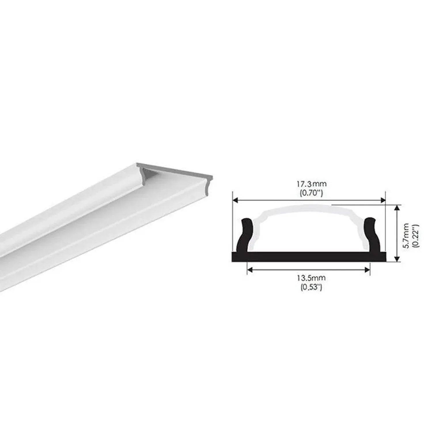 Aluminum LED profile with cross-section diagram showing 17.3mm width, 5.7mm height, and 13.5mm interior channel for LED strip