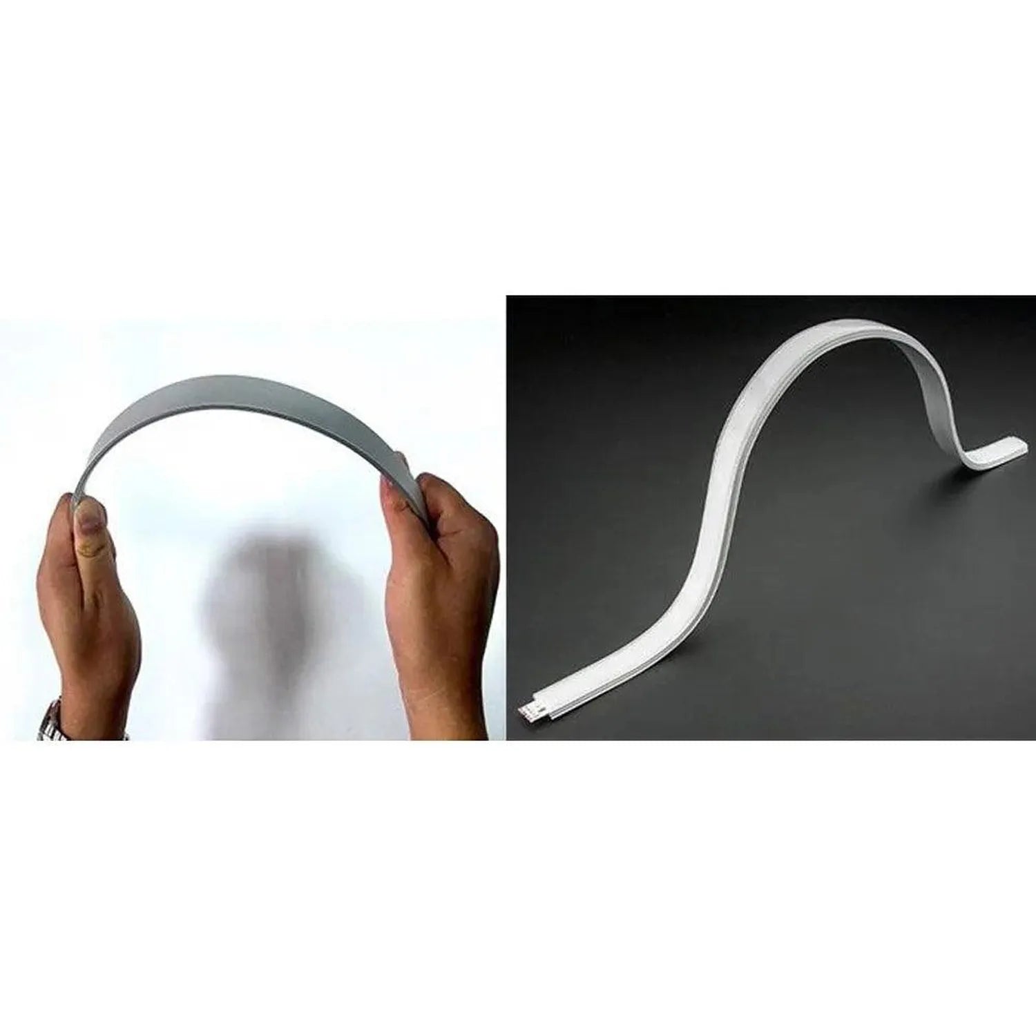 Flexible white aluminum LED profile shown in two views: held curved in hands on left, and displayed straightened on dark back