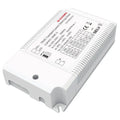 White rectangular LED driver with finned heat sink, top label showing Euchips branding and technical specifications including