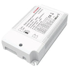 White rectangular LED driver with finned heat sink, top label showing Euchips branding and technical specifications including
