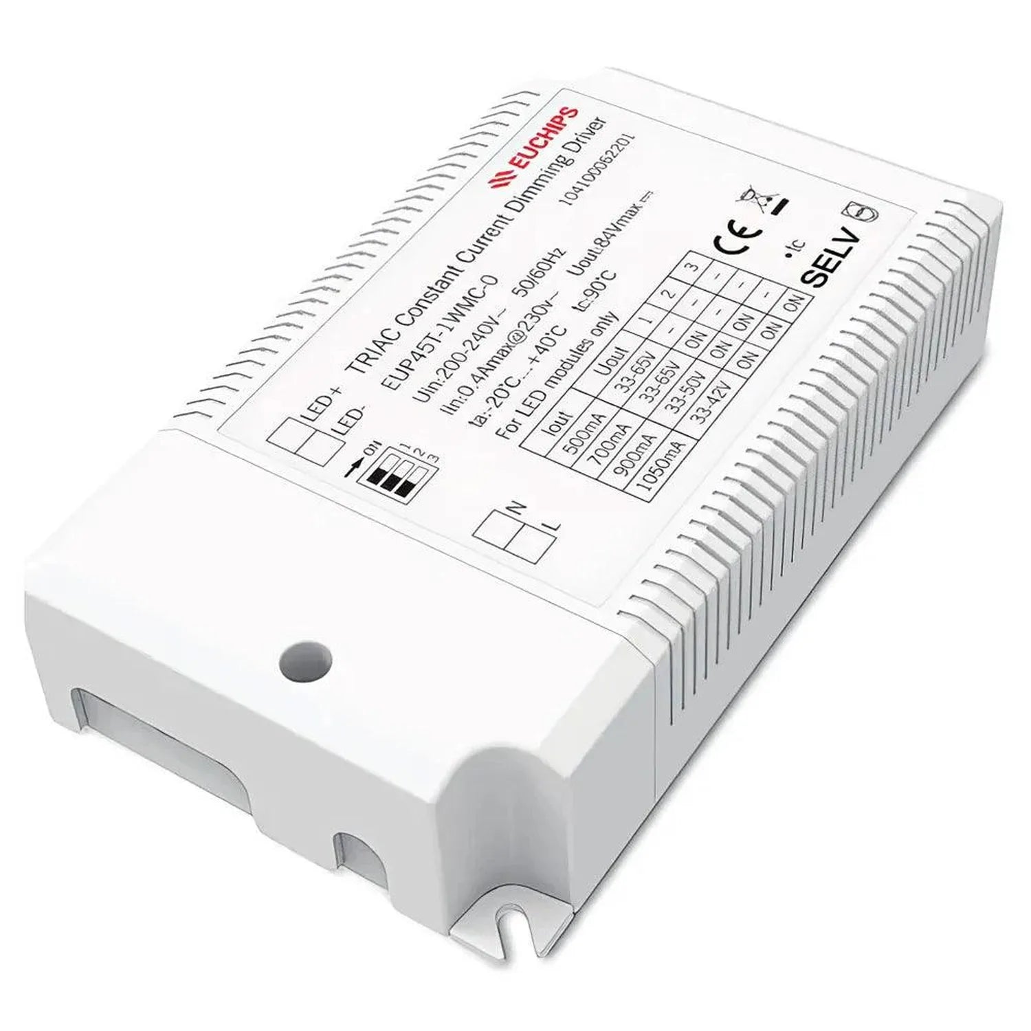 White rectangular LED driver with finned heat sink, top label showing Euchips branding and technical specifications including