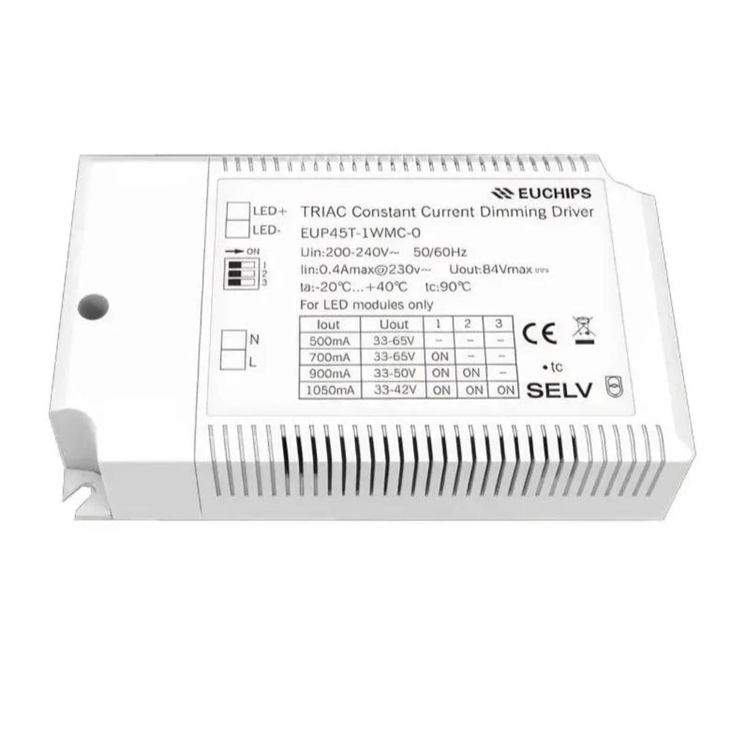 White rectangular LED driver unit with heatsink fins and specification label showing model EUP45T-1WMC-O.