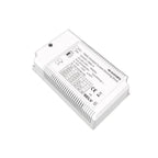 White rectangular LED driver with finned heat sink, technical specifications label, and CE marking visible.
