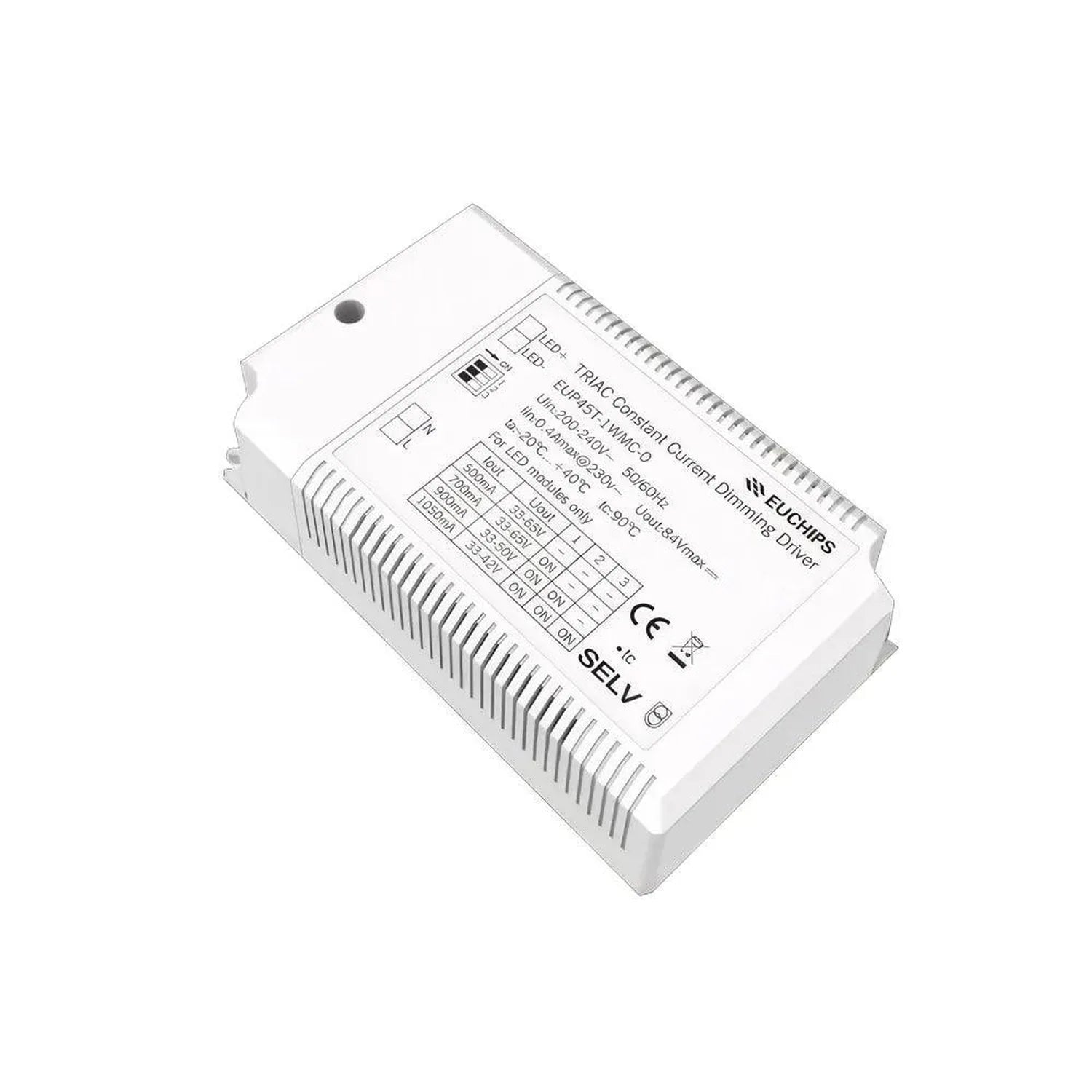 White rectangular LED driver with finned heat sink, technical specifications label, and CE marking visible.