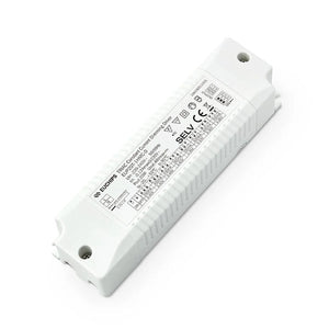 White rectangular LED driver unit with mounting holes and printed specifications label, angled product view.