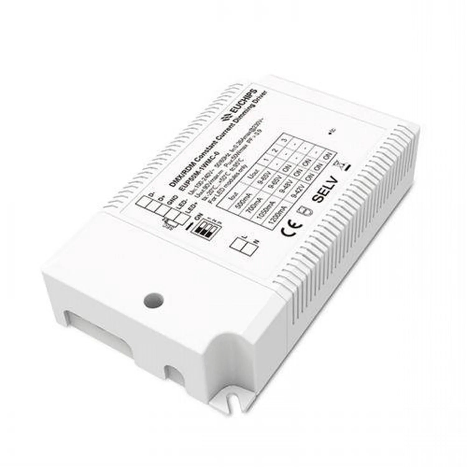 White rectangular LED driver with finned heat sink and control circuit board displaying technical specifications and DMX comp