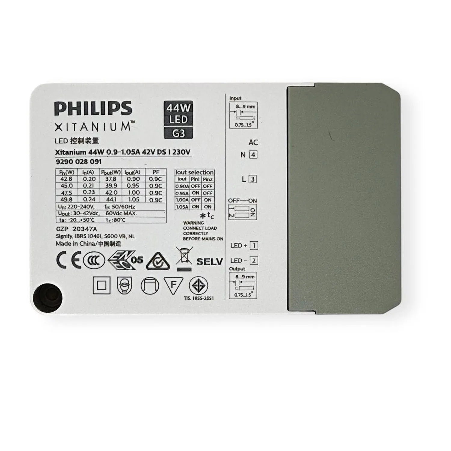 Philips Xitanium 44W LED driver specification label showing power ratings, input/output terminals, and certification markings