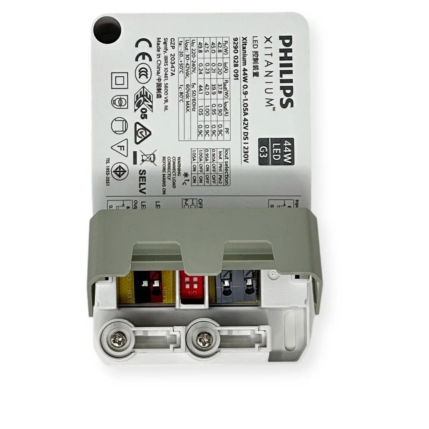 Philips 44W LED driver showing internal circuitry, specifications label, and terminal connections on white background.