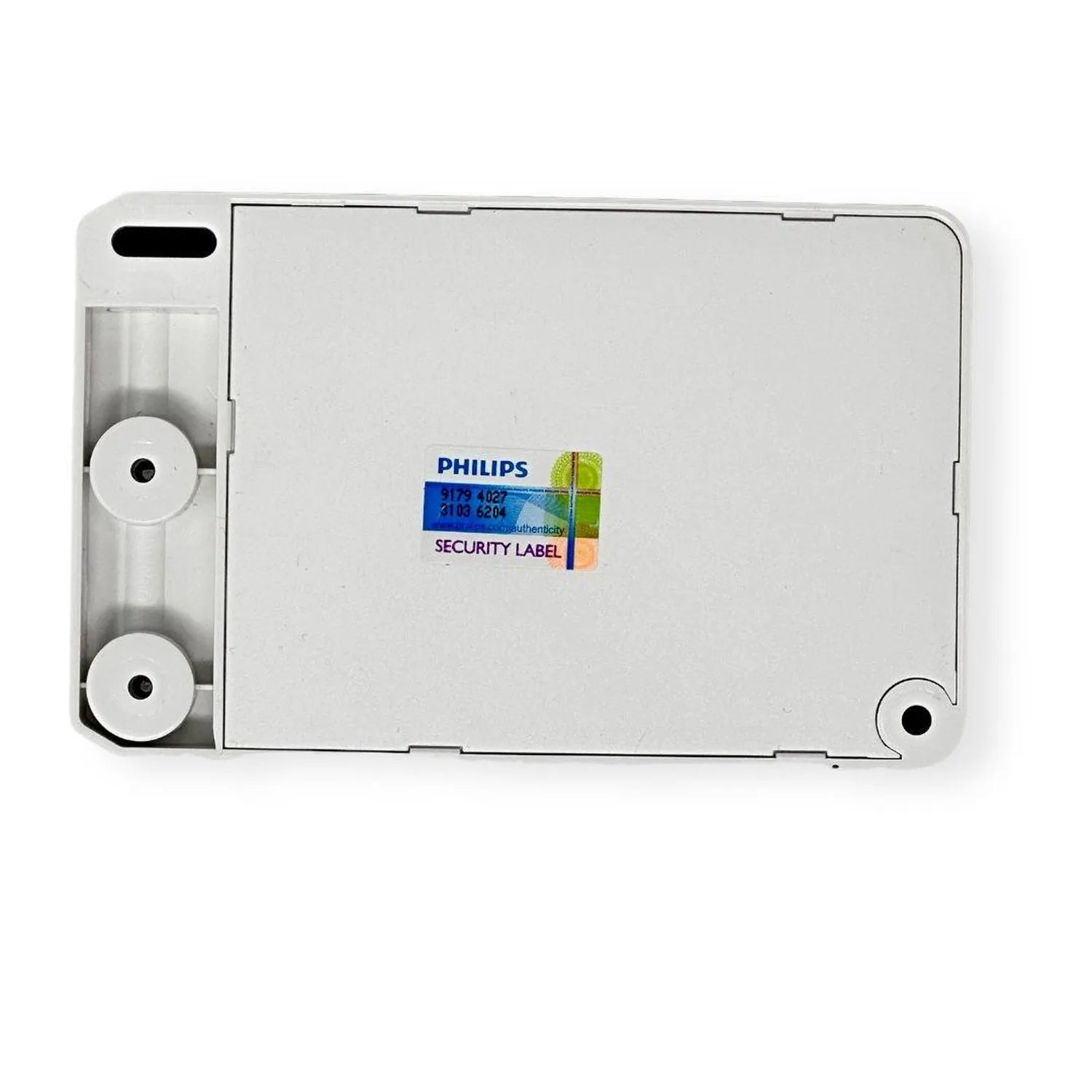 Philips Xitanium LED driver top view showing white rectangular device with two circular mounting holes on left side, cable co