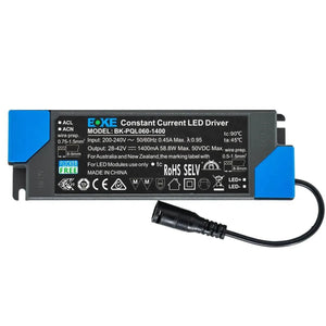 BOKE BK-PQL060-1400 constant current LED driver with specifications label and power connector cable visible.