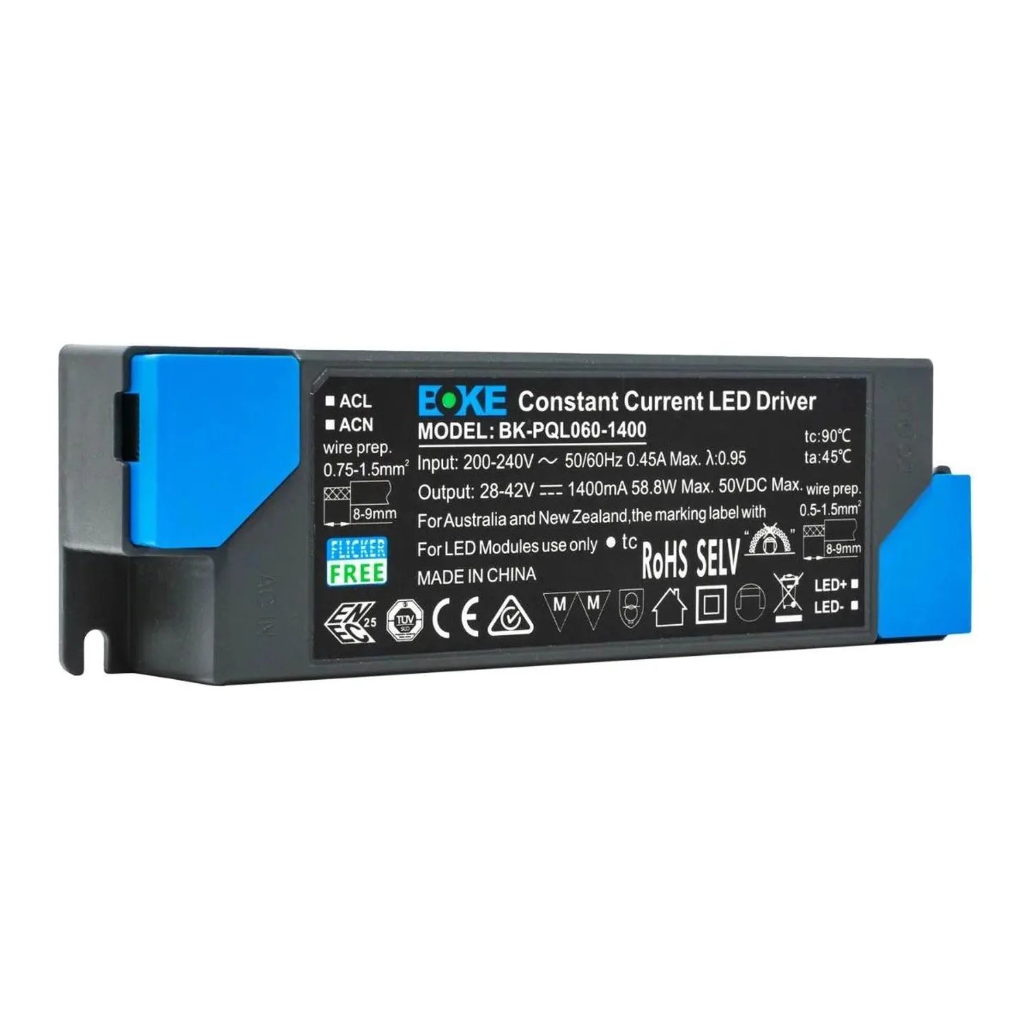 BOKE constant current LED driver model BK-PQL060-1400 with blue terminal connectors and specification label visible.