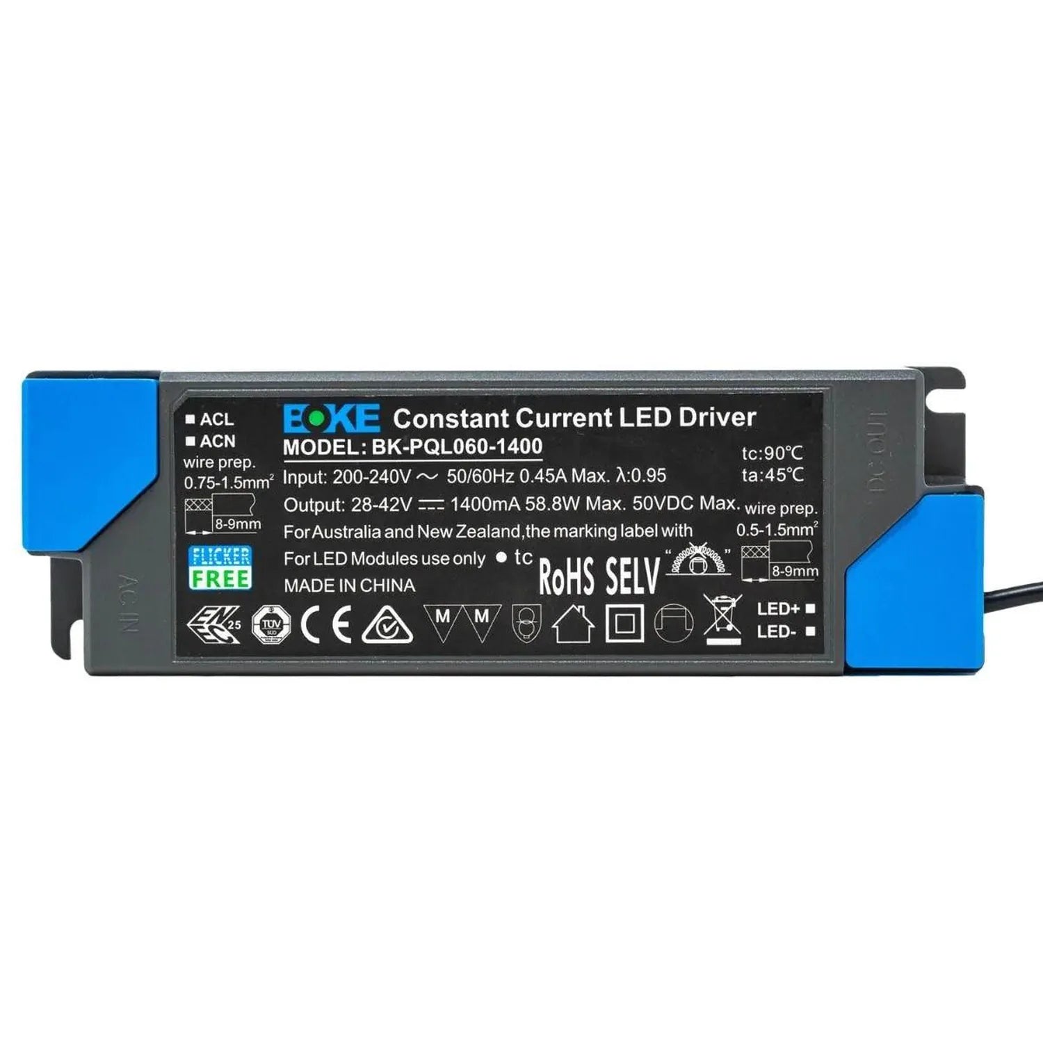 BOKE constant current LED driver model BK-PQL060-1400 with specifications label showing 1400mA output and 58.8W maximum power