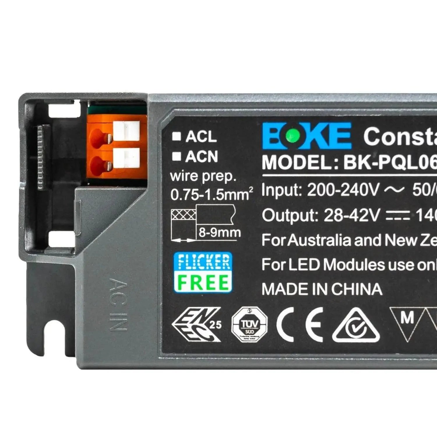 BOKE LED driver model BK-PQL060 showing terminal block connections and specifications label with input 200-240V and output 28