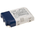 MeanWell LCM-25 LED driver with white plastic housing and dark blue end cap, showing detailed specifications label on top sur