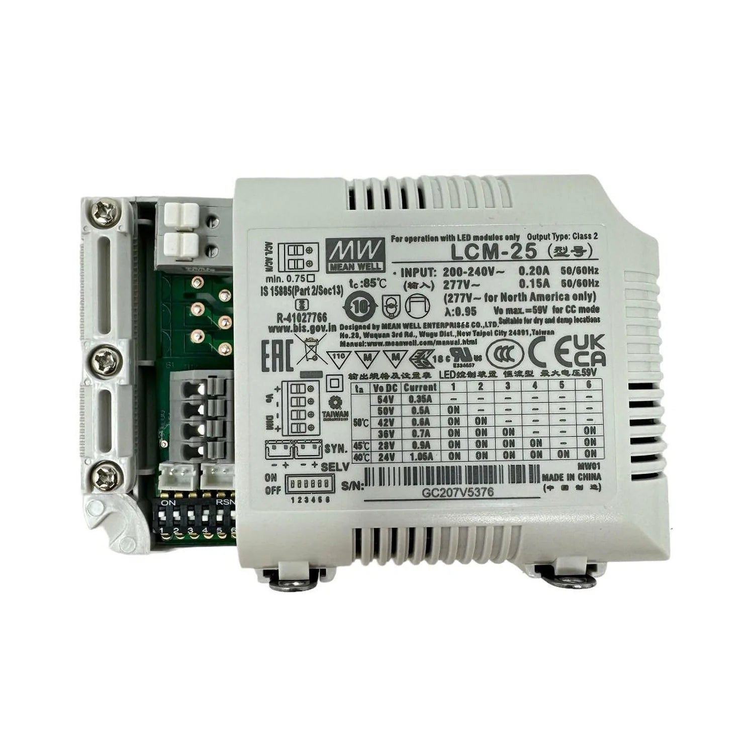 Meanwell LCM-25 LED driver unit showing front label and internal circuitry with terminal connections.