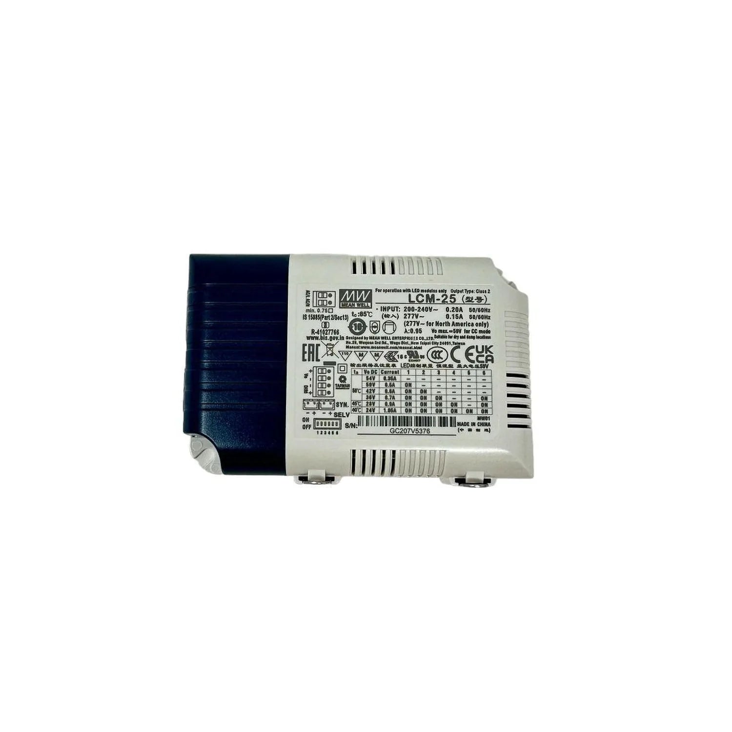 MeanWell LCM-25 LED driver with specifications label visible, showing 25W constant current output and multiple voltage output
