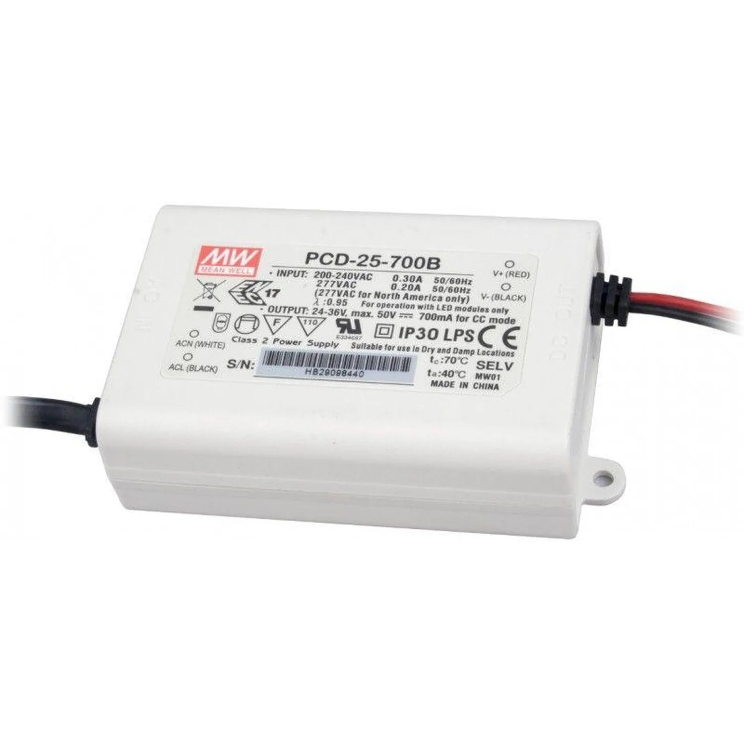 Meanwell PCD-25-700B white LED driver with black power cord and output leads, showing specification label.