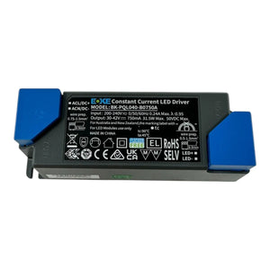 BOKE constant current LED driver with blue terminal connectors, showing specifications label and certification marks on black