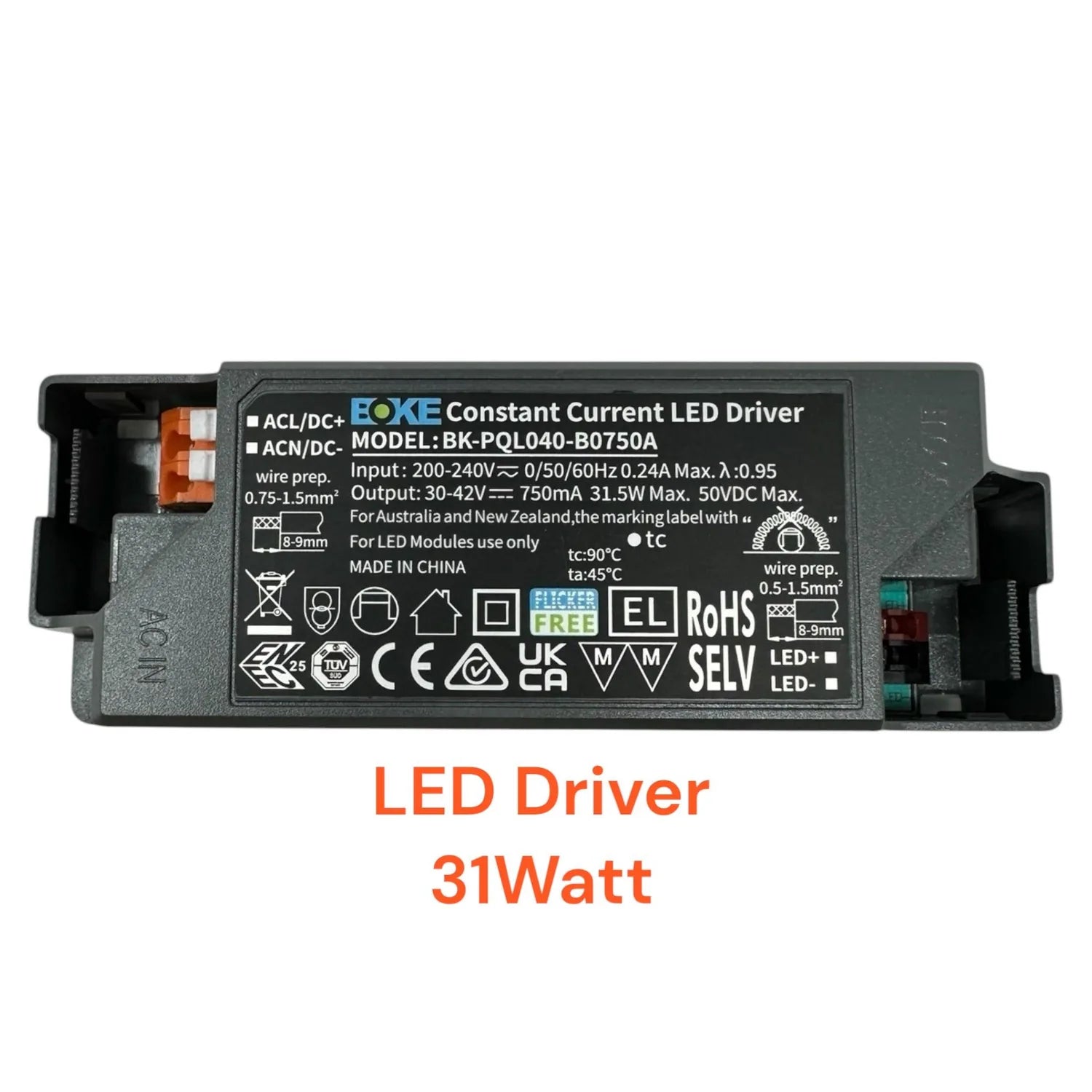 EOKE Constant Current LED Driver model BK-PQL040-B0750A, 31.5W, showing specifications label and internal circuitry component