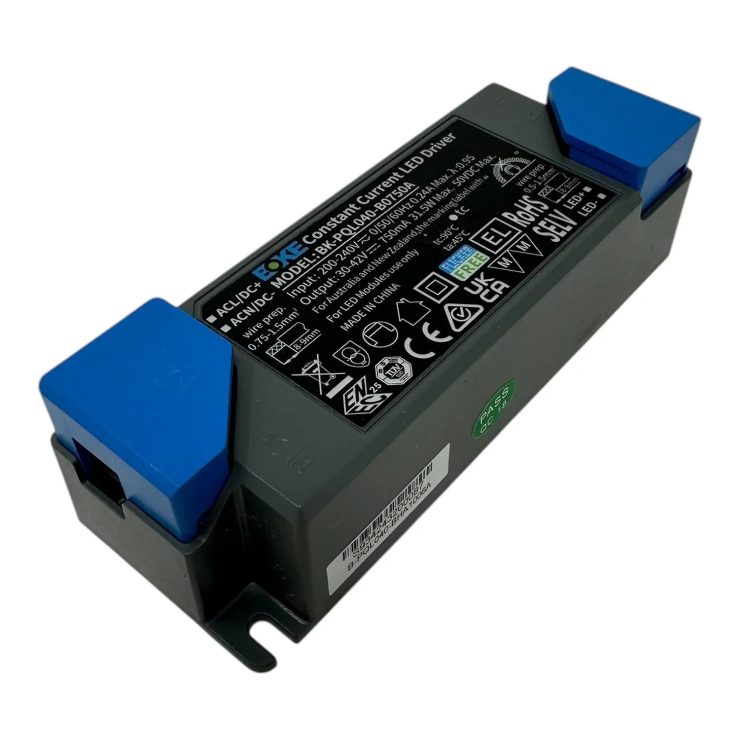 Boke constant current LED driver with blue terminal connectors and black housing, showing specifications label.