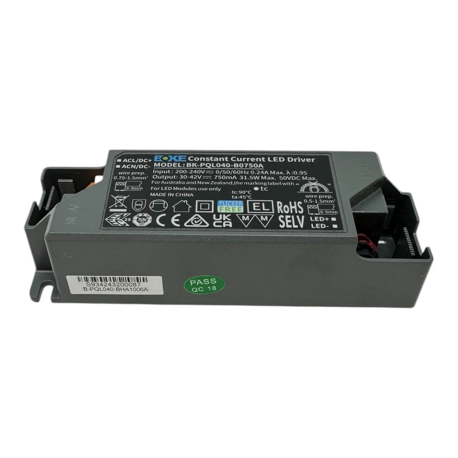 BOKE constant current LED driver with specifications label, barcode, and green quality assurance sticker visible.