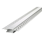 Aluminum recessed LED profile with perforated flanges and white diffuser cover, shown as isolated product view.