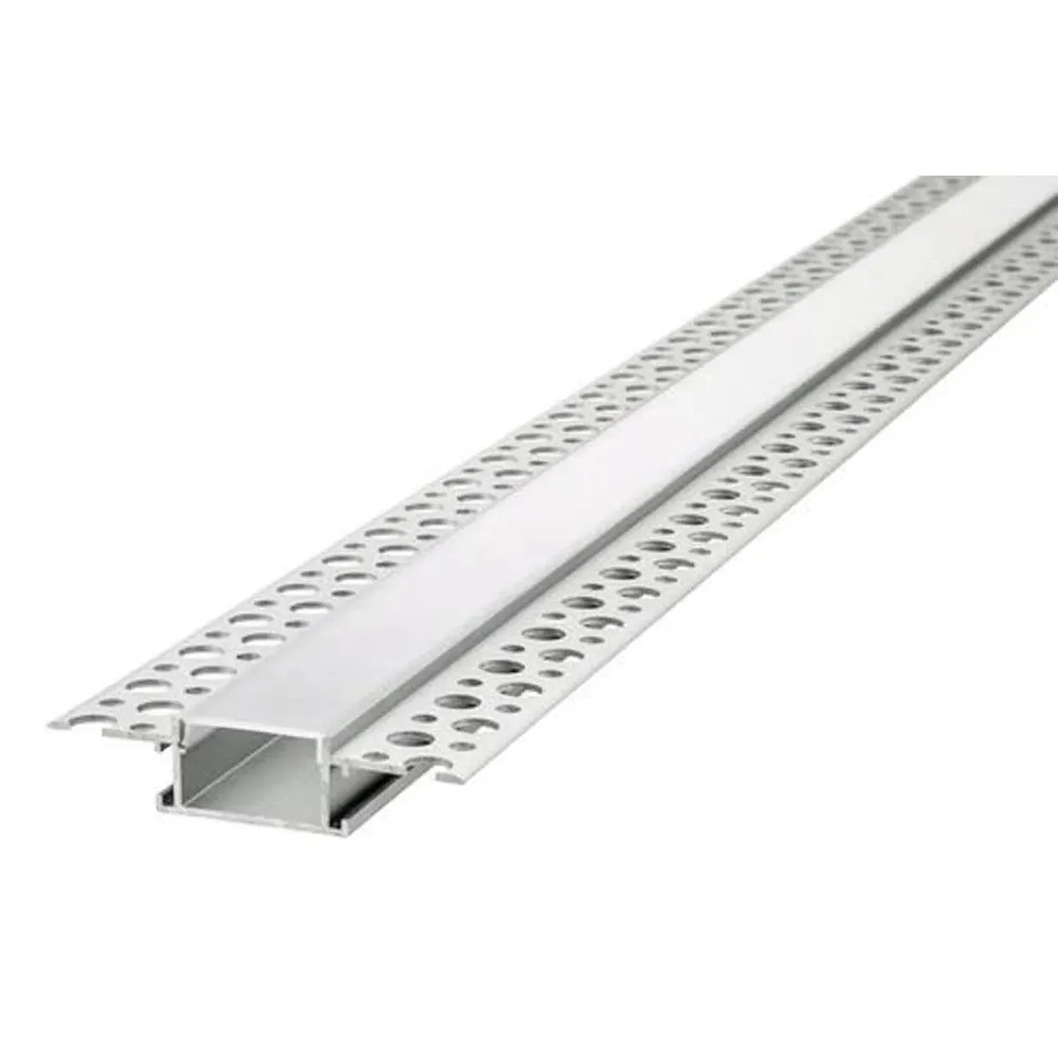 Aluminum recessed LED profile with perforated flanges and white diffuser cover, shown as isolated product view.